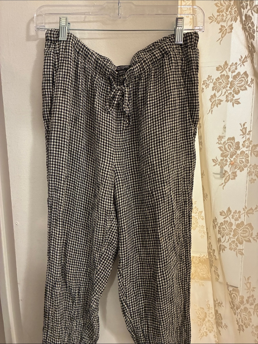 Eileen Fisher Black and White Gingham Drawstring Joggers Petite S